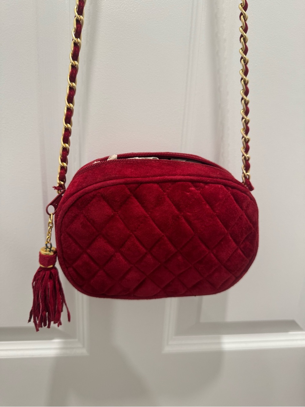 Source Unknown Quilted Velvet Crossbody Bag in Deep Red with Tassel